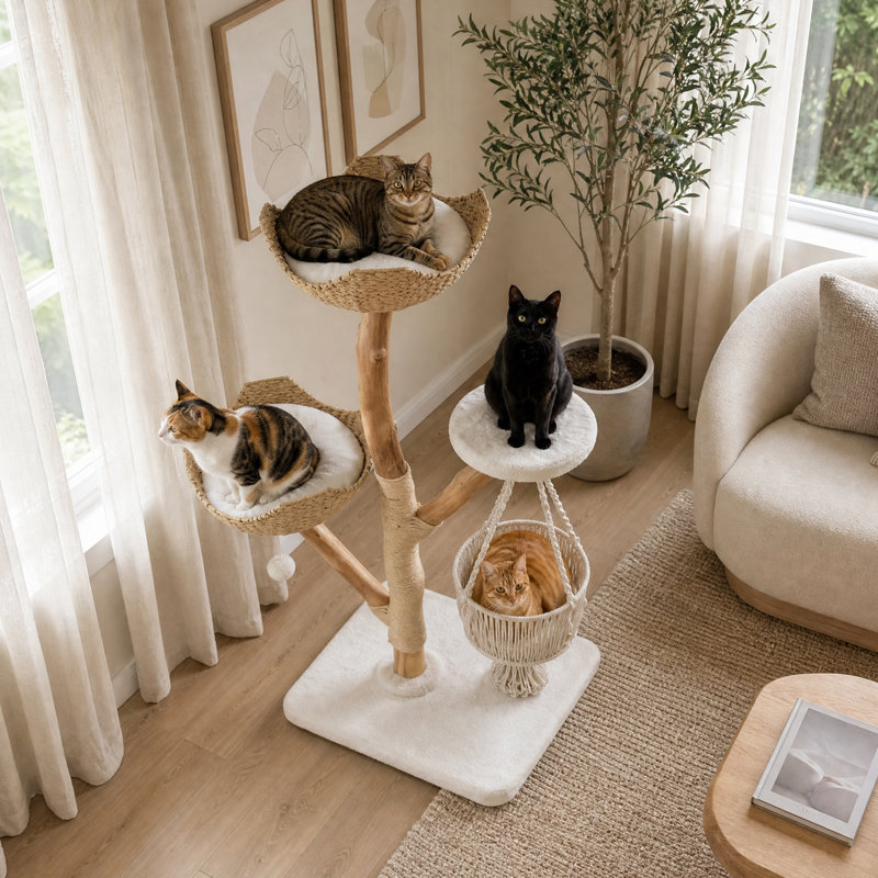 Tour pour arbre à chat en bois massif 47,24 "pour chats d'intérieur, arbre à chat multi-niveaux avec poteau à griffer, perchoirs souples et hamac suspendu