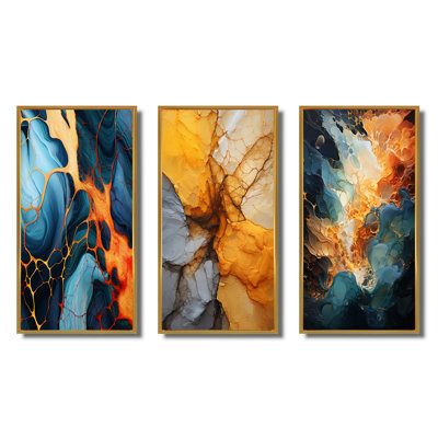 " Lava Marble Art Liquid Orange And Blue " 3 - Pieces