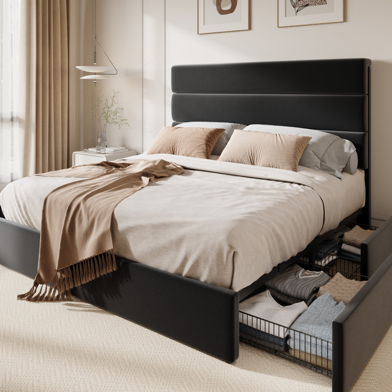 Modern Platform Bed Frame With 4 Storage Drawers And Velvet Upholstered Headboard, Black, Queen