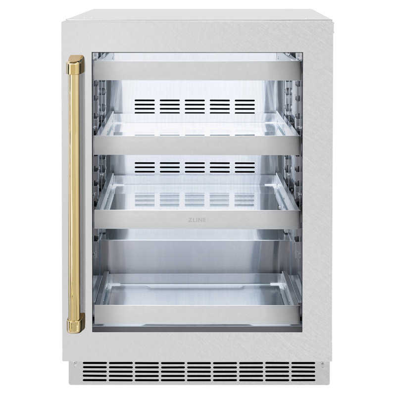ZLINE Edition 24" Touchstone Fridge w/ DuraSnow Glass Door & Gold Handle, Stainless Steel/Polished Gold