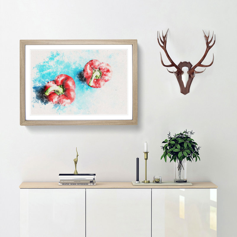 Two Red Bell Peppers Watercolour - Picture Frame Graphic Art, 45cm H x 63cm W x 2cm D, Oak