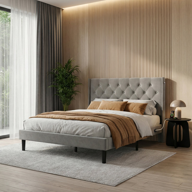 Upholstered Bed, Double (4'6), Grey