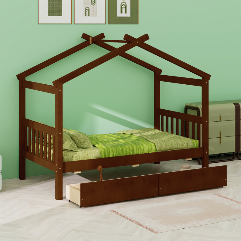 Wooden House Bed With Drawers, Twin, Walnut