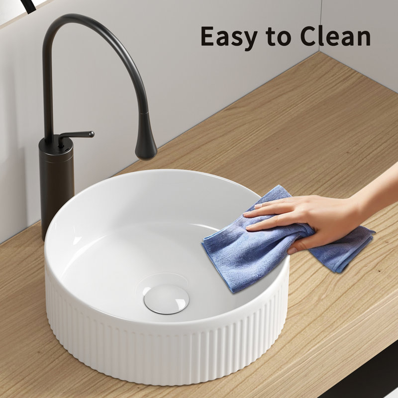 14 Inch Round White Porcelain Vessel Sink For Bathroom Vanity | Above Counter Art Basin | Gift Idea, Milk White