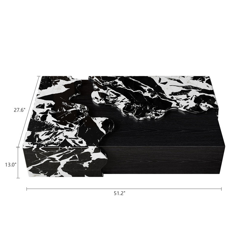 Exquisite Contemporary Stream Form Marble Coffee Table With Flowing Water Form Finish And Wood Veneer Base, Rectangular Black