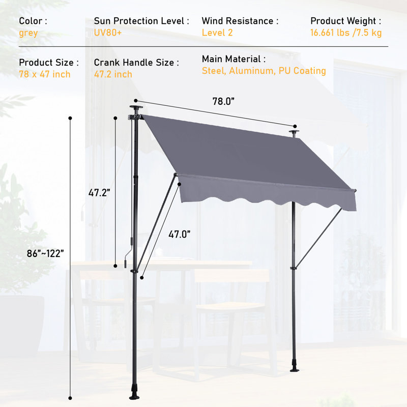 Adjustable Patio Door Sun Shade Awning - 78'' Non-screw Protection Canopy Manual Retractable With Waterproof Coating