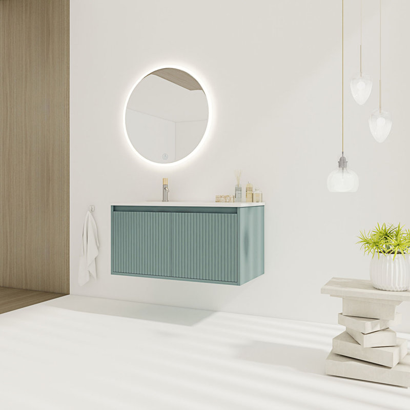 Meuble-lavabo flottant avec lavabo en résine en forme de goutte, meuble-lavabo contemporain avec poignées dissimulées et charnières de porte à fermeture en douceur
