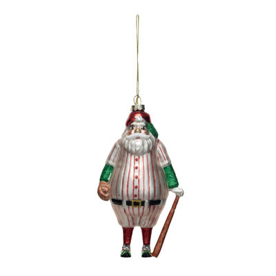 Glass Santa In Baseball Outfit Ornament With Bat And Glitter