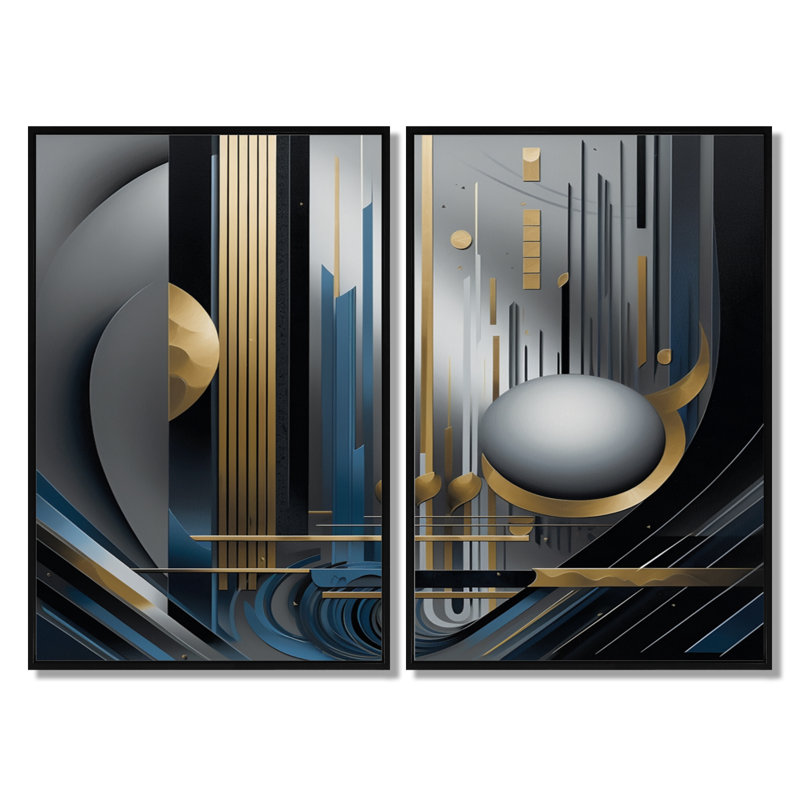 «Minimal Tech Blue Silver Sphere», art mural géométrique, impression sur toile abstraite dorée 2 pièces, H 36 po x l 48 po