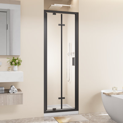 Flynn Framed Bi-fold Pivot Shower Door with Clear Tempered Glass, Stainless Steel Handle