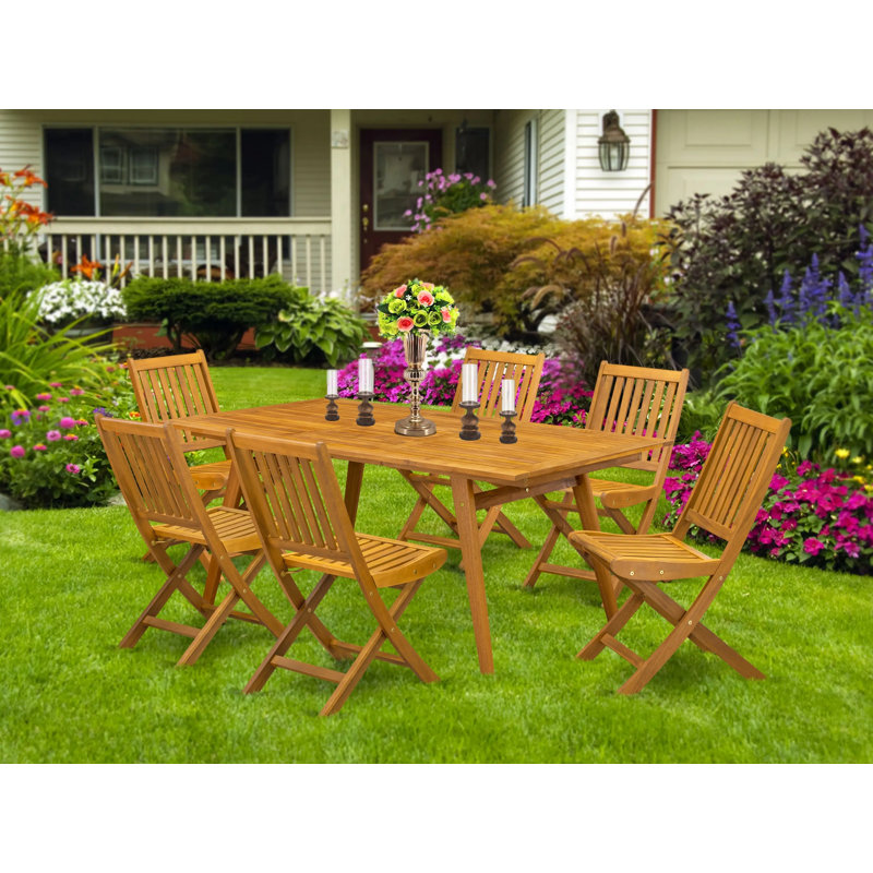 7 Piece Outdoor Patio Dining Sets Consist of a Rectangle Acacia Wood Table and 6 Folding Side Chairs, 40x72 Inch, Natural Oil