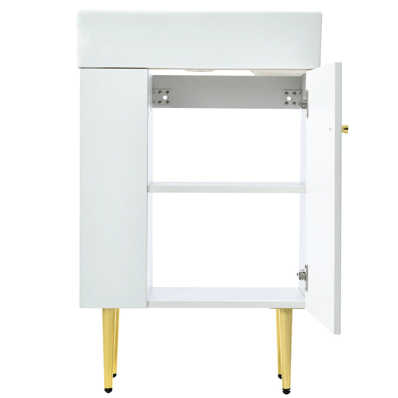 Meuble-lavabo de salle de bain de 21,6 po, blanc, détails dorés, vaste rangement, porte à fermeture en douceur permettant amplement de rangement et de fonctionnalité, installation facile