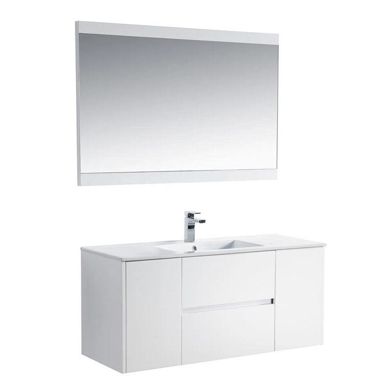 Ensemble de meuble-lavabo simple 48 po avec miroir | Lavabo tout bois, évier en céramique et tiroirs à fermeture en douceur