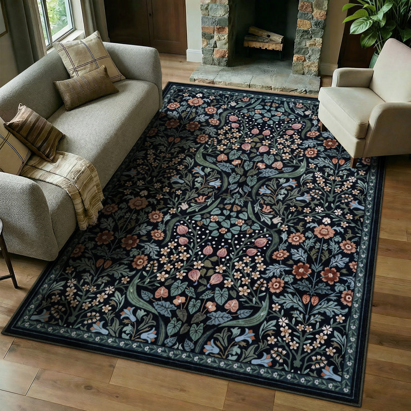 Tapis lavable à motif floral Kaldi, Rectangulaire 8 pi x 10 pi, Noir