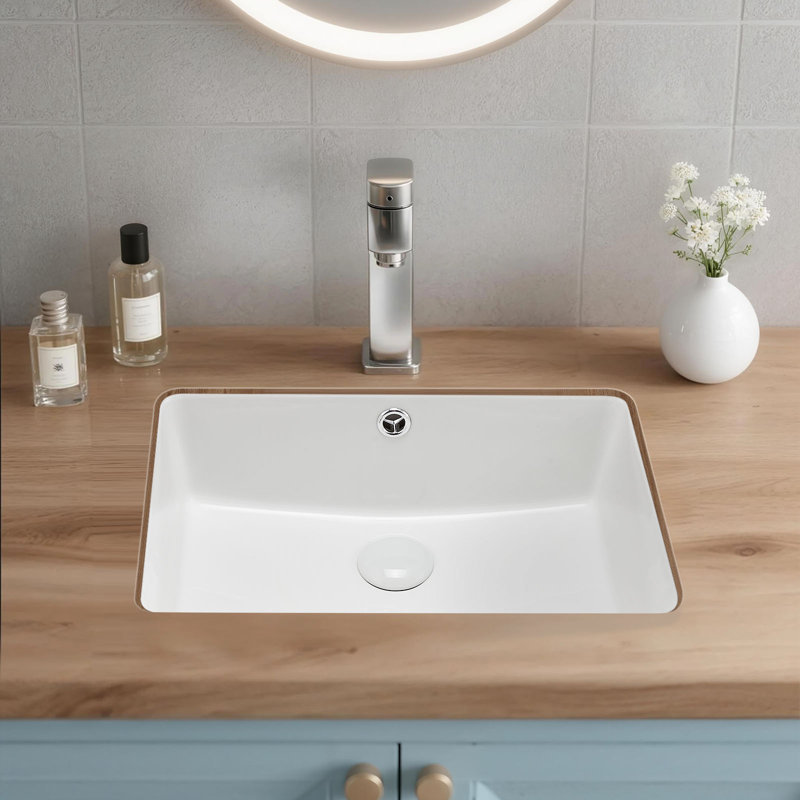 Undermount Bathroom Sink, 18.5 x 13.19 Inch Rectangular White Ceramic Vessel Sink with Overflow Hole, Under Counter Drop in Modern Lavatory Vanity Bath Wash Bowl Basin, Rectangle Small Space