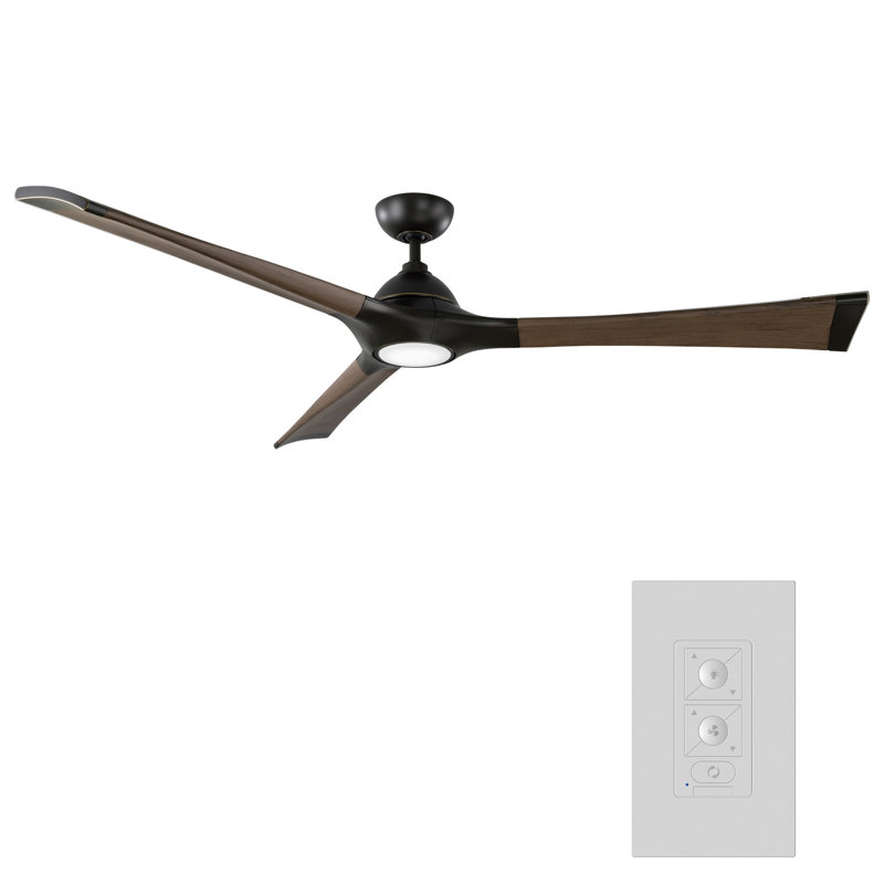 72" Woody 3 - Blade Outdoor Smart Propeller Ceiling Fan with Light Kit Included, 3000K, 60", Matte Black/Distressed Koa