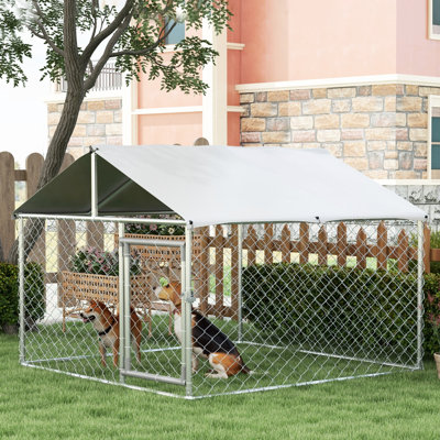 Large Outdoor Dog Kennel By - Heavy Duty, Waterproof Cover, Galvanized Chain Link, 6.6'x6.6'x4.9', Spacious For All Dogs, Secure Lock, Robust Steel Structure Duty Fence Brave