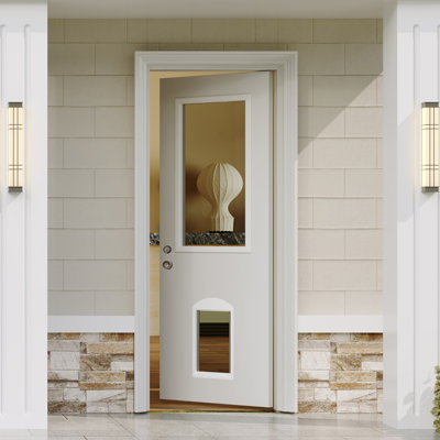 Entry Door Slab With Magnetic Pet Door & Deadbolt Lock – 1-Lite Clear Glass, White Primed Solid Wood, Stainless Steel Lock Hardware (Single-Key System)