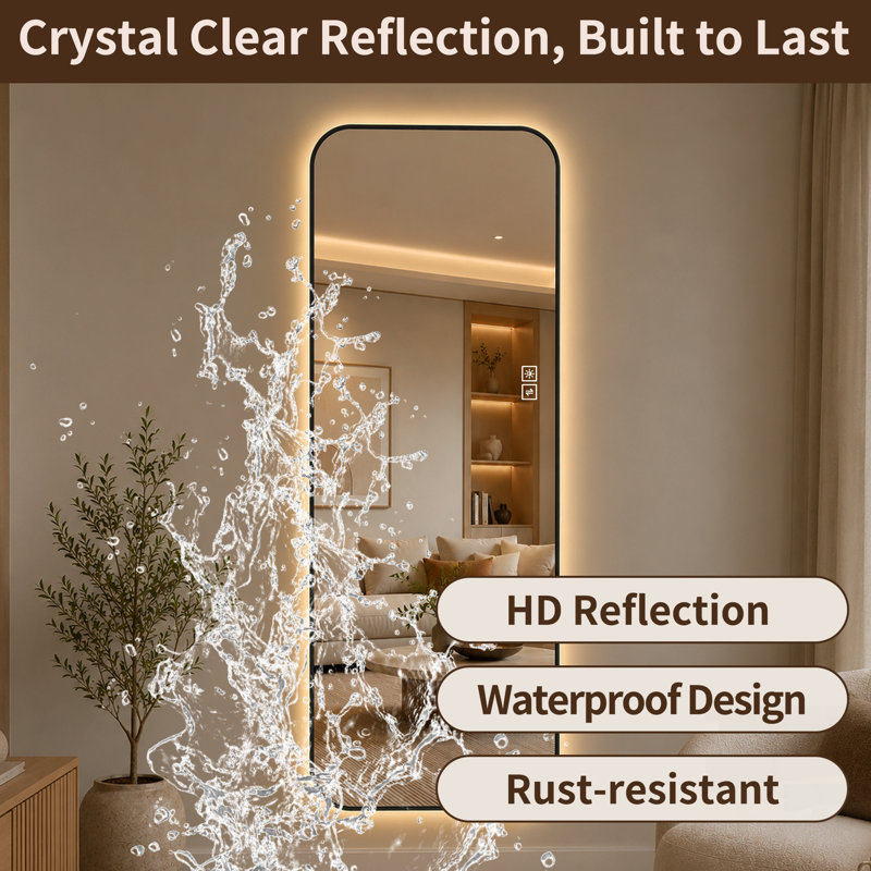 Miroir surdimensionné rétroéclairé par DEL avec 3 températures de couleur réglables, cadre en aluminium noir pour chambres et garde-robes modernes