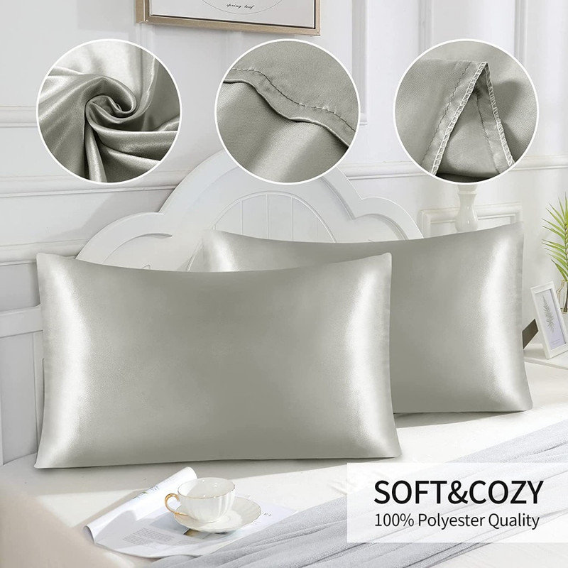 Set of 4 Satin Silk Pillowcases for Skin and Hair, Satin Pillow Cases for Women with Envelope Closure, Soft Breathable Smooth Cooling Silk Pillow Covers for Gifts, Dark Gray 51*102cm