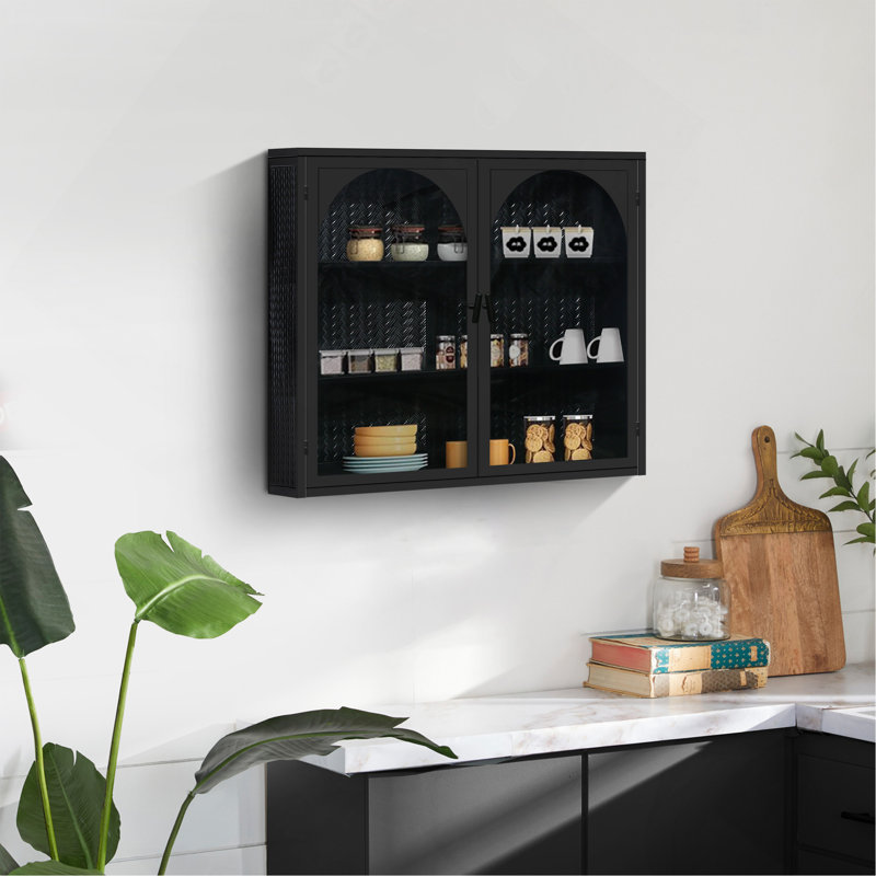 Cabinet 27. 56" Glass Doors Modern Two-Door Wall With Featuring Three-Tier Storage For Entryway Living Room Bathroom Dining Room, Wall Cabinet With Characteristic Woven Pattern, Black