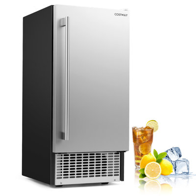 Ice Maker 90 lbs/Day, 25 lbs Storage, 15” W Built-in Freestanding Ice Making Silver+Black