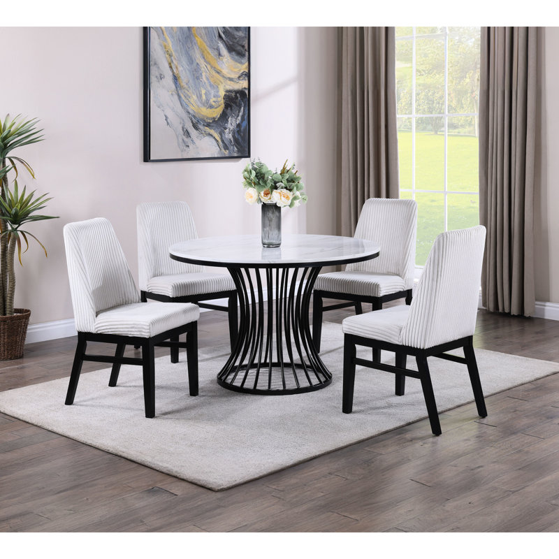Table de salle à manger contemporaine contemporaine en faux marbre avec base en forme de cage en noir et blanc