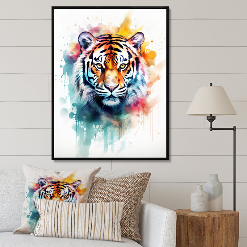 Portrait de tigre, aquarelle sur toile, H 44 po x l 34 po, Cadre flottant noir