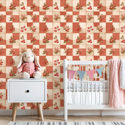 Peel and Stick Wallpaper Red Cherry Floral Checkered Contact Paper Removable Self Adhesive Wall Mural Wall Decor for Bedroom Kitchen Cabinets 17.7in x 118in