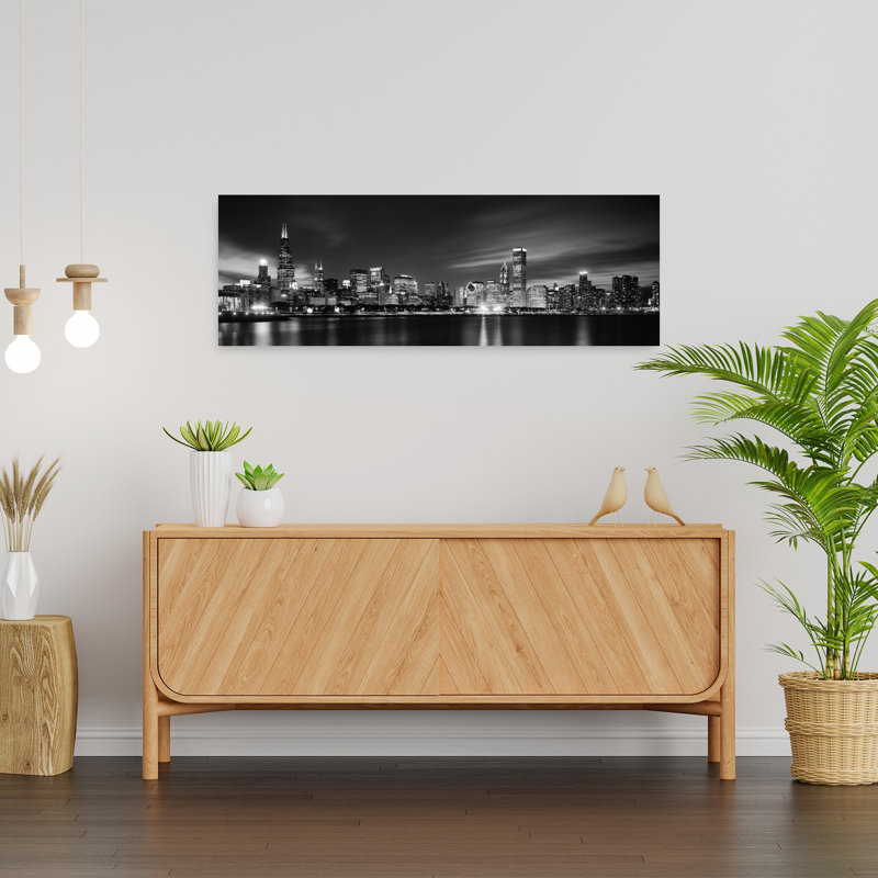 Buildings At The Waterfront Lit Up At Night Sears Tower Lake Michigan Chicago Cook County Illinois USA by Mark Segal - Wrapped Canvas Panoramic Print
