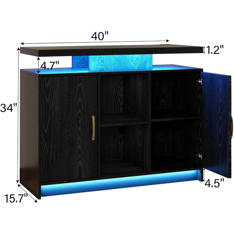 LED Lights Coffee Bar Cabinet with Storage, Sideboard Buffet Cabinet with Charging Station, Black