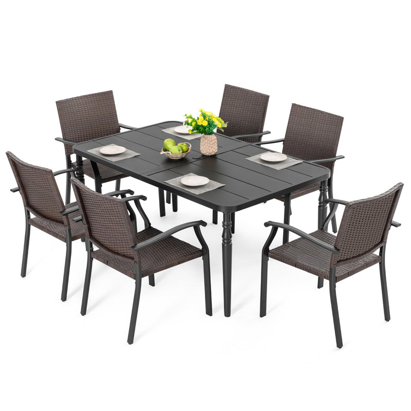 Cimara Outdoor 7-piece Metal Wicker Dining Set With 1.6'' Umbrella Hole, Black