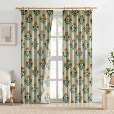 Brunt Orange or Green Handmade Floral Block Print Curtain, Pinch Pleated for Blackout Room Darkening, Ideal for Home Decor, Kitchen, and Office, Badshah