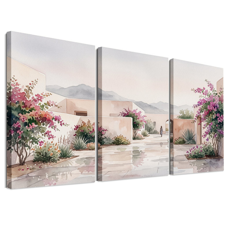 Ensemble de 3 toiles murales représentant une cour en adobe à l'aquarelle avec des fleurs roses, H 18 po x l 12 po x 3 pièces