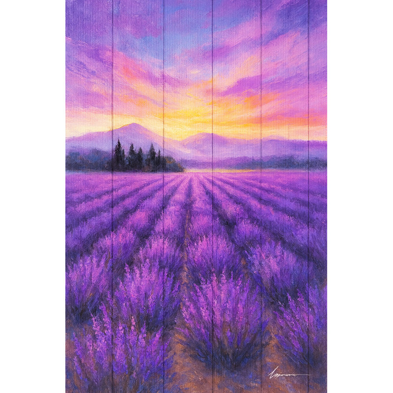 «Sunset Over Lavender Rows», art mural sur toile rustique
