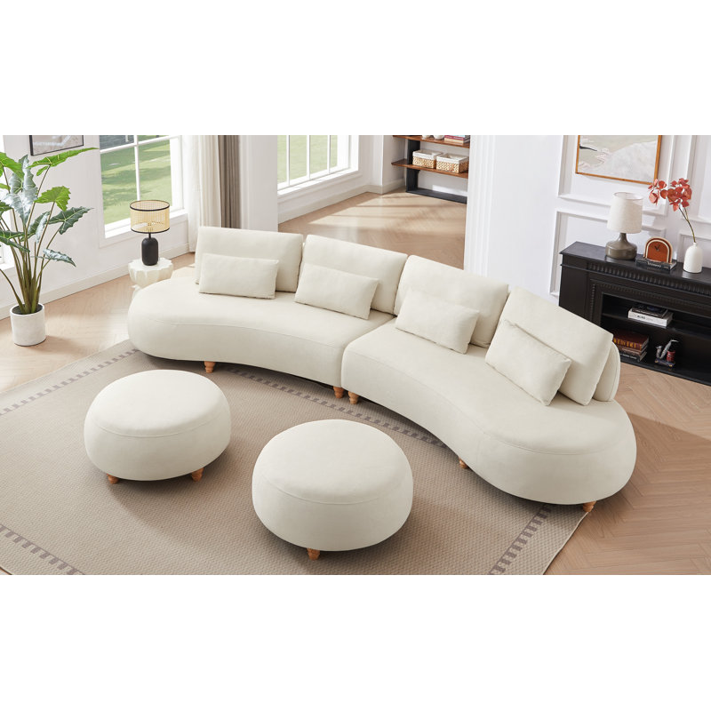 Canapé semi-circulaire surdimensionné en forme de lune avec 2 repose-pieds et 4 coussins, Tissu beige