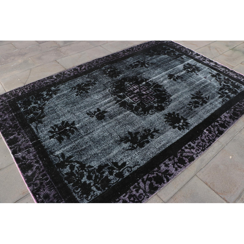 Grand tapis turc rétro - Oushak noir surdimensionné avec motif en laine gaufrée pour les salons