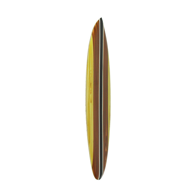 Coastal brown wood surfboard wall art and wall hanging with retro tiki-style stripes — 39.75" H x 9.5" L x 0.5" W