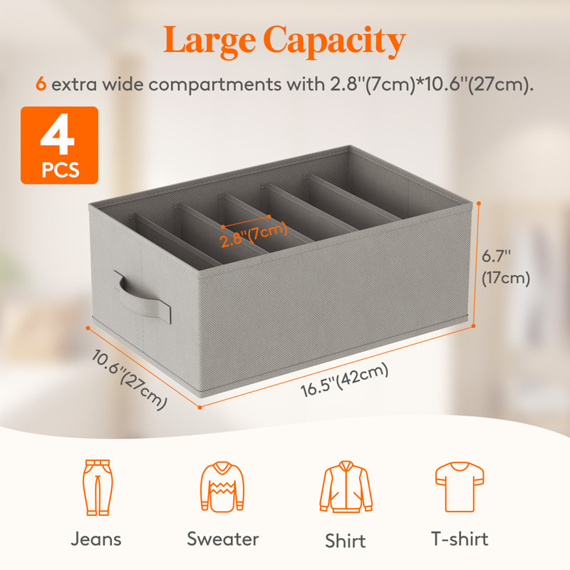 Wardrobe Organizer Clothes, Jean Organizers For Closet With Support Board 6 Compartment Foldable Closet Drawer Storage 16.5 X 10.6 X 6.7 Inches For Pants, T-shirts, Sweater, Legging, 4-pack
