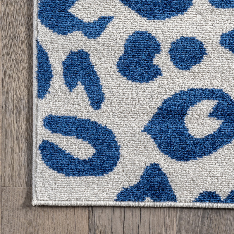 Modern Leopard Print Performance Blue/White Rug, Rectangle 8' x 10'