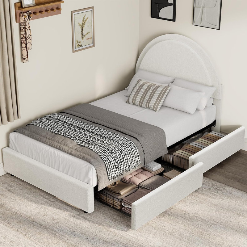 Structure de lit simple avec tiroirs de rangement, lit plateforme tapissier Boucle avec tête de lit ronde, robuste et silencieux, sans sommier tapissier, blanc