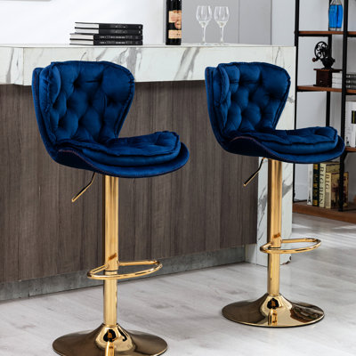De 2 tabourets de bar réglables, velours bleu marine + pieds dorés, repose-pieds et base, rembourrage en mousse rembourré 2 pièces, hauteur avec et base