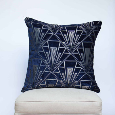 Art Deco Geometric Velvet Chenille Cushion in Navy Blue