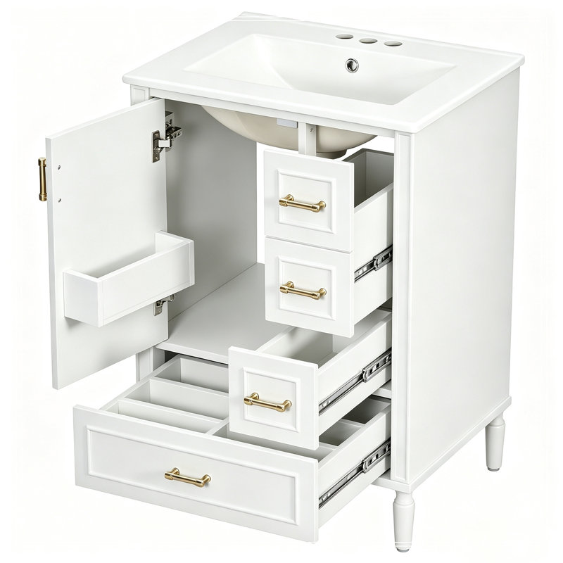 Meuble-lavabo avec lavabo, 3 tiroirs et poignées en métal, White