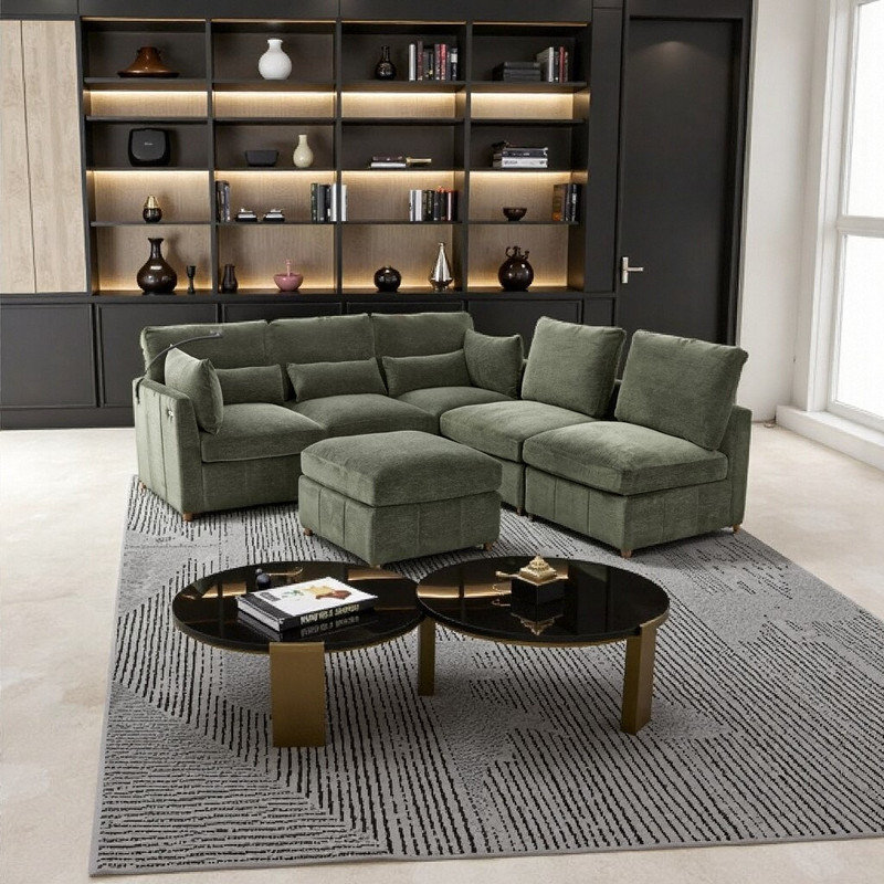 Canapé modulaire modulaire à 5 places avec repose-pieds, support USB et support pour téléphone, Vert