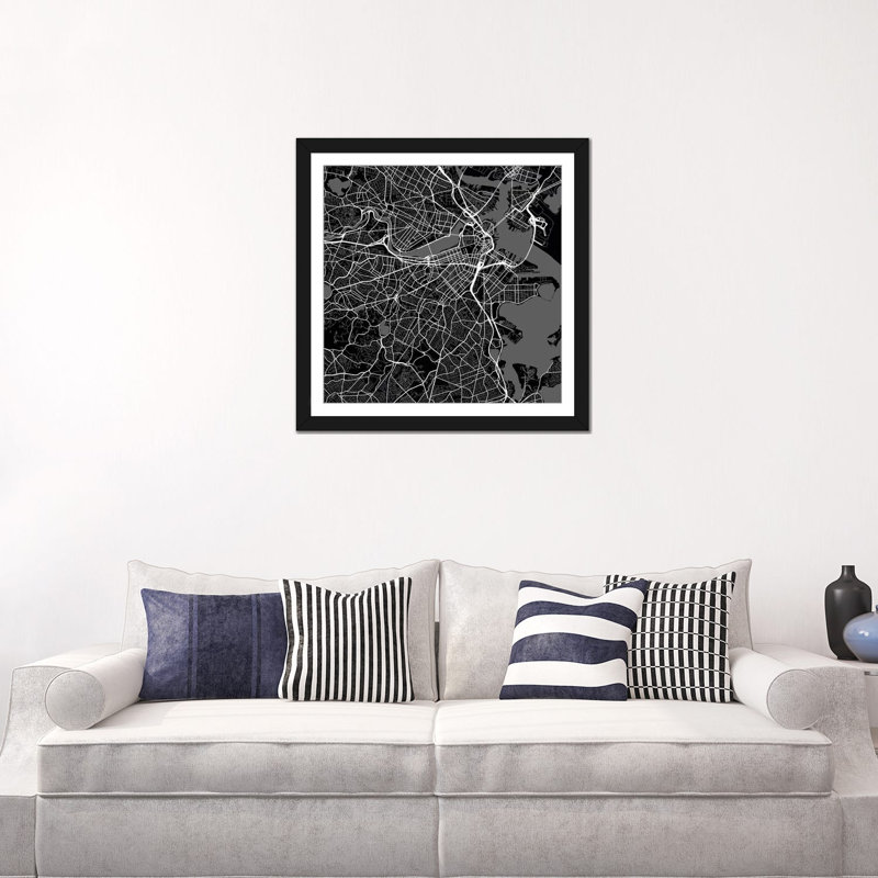 « boston urban routes map », impression sur toile tendue en noir, H 24 po x l 24 po x P 1 po, Papier d'art encadré noir