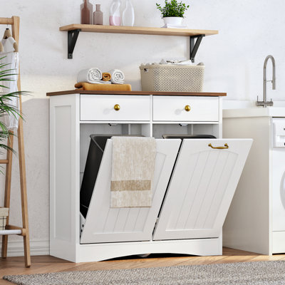 Armoire à double poubelle avec 2 tiroirs, rangement pour poubelle inclinable, armoire pour îlot de cuisine autoportant avec portes rabattables