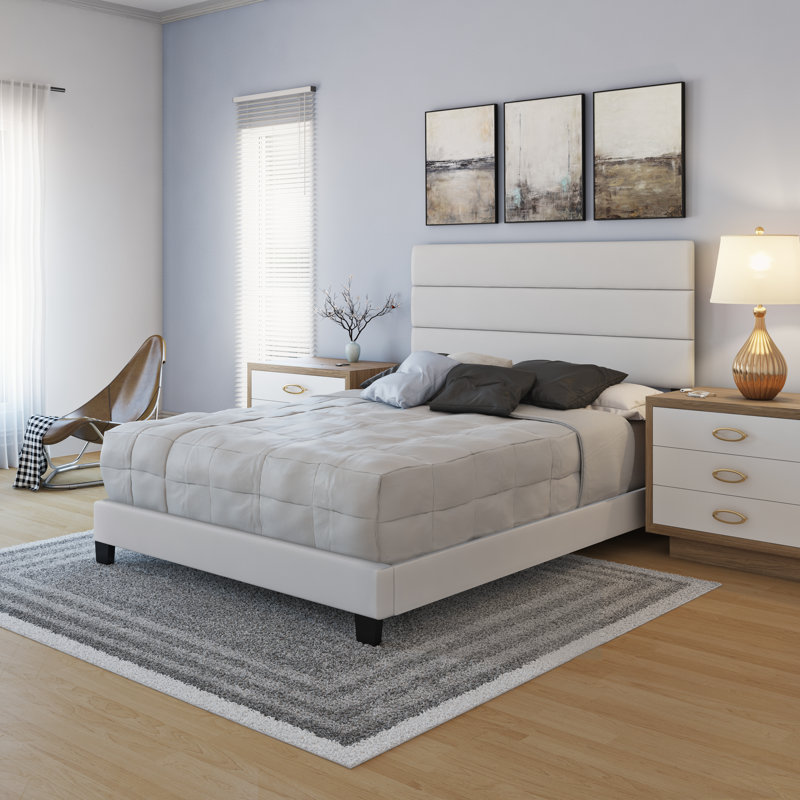 Twin White Faux Leather Upholstered Platform Bed with Tri-Panel Headboard