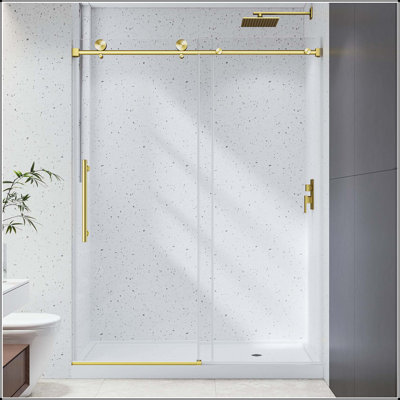 55 po x 60 po x H 78 po, sans cadre, une porte de douche fixe et une porte coulissante avec verre trempé de 6 mm, film antidéflagrant et revêtement nano