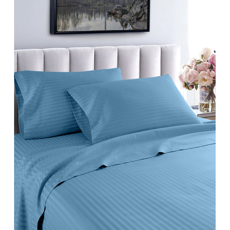 Egyptian Cotton Striped Sheet Set, Queen Sheet Set + Fitted Sheet + 2 Pillowcases, Teal